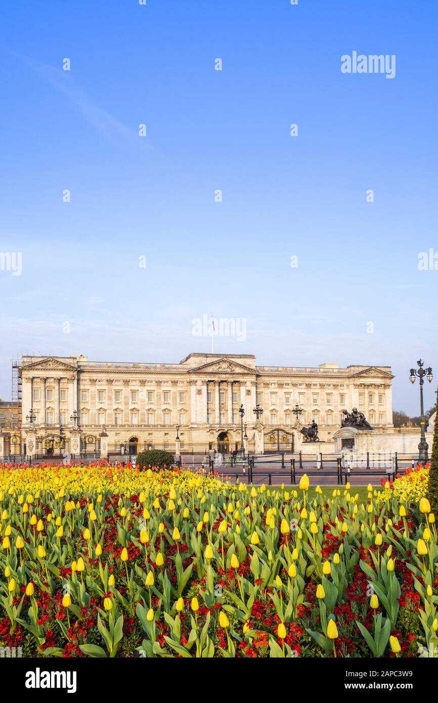 The facade of Buckingham Palace, official residence of the Queen of England, Westminster, London