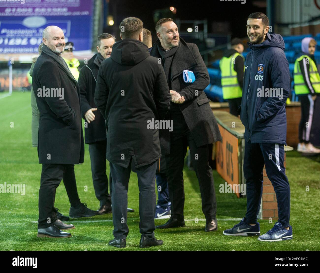 Kilmarnock’s Gary Dicker (right) alongside former manager and Scotland boss Steve Clarke (left) and Kris Boyd (centre) during the Ladbrokes Scottish Premiership match at Rugby Park, Kilmarnock. Stock Photo
