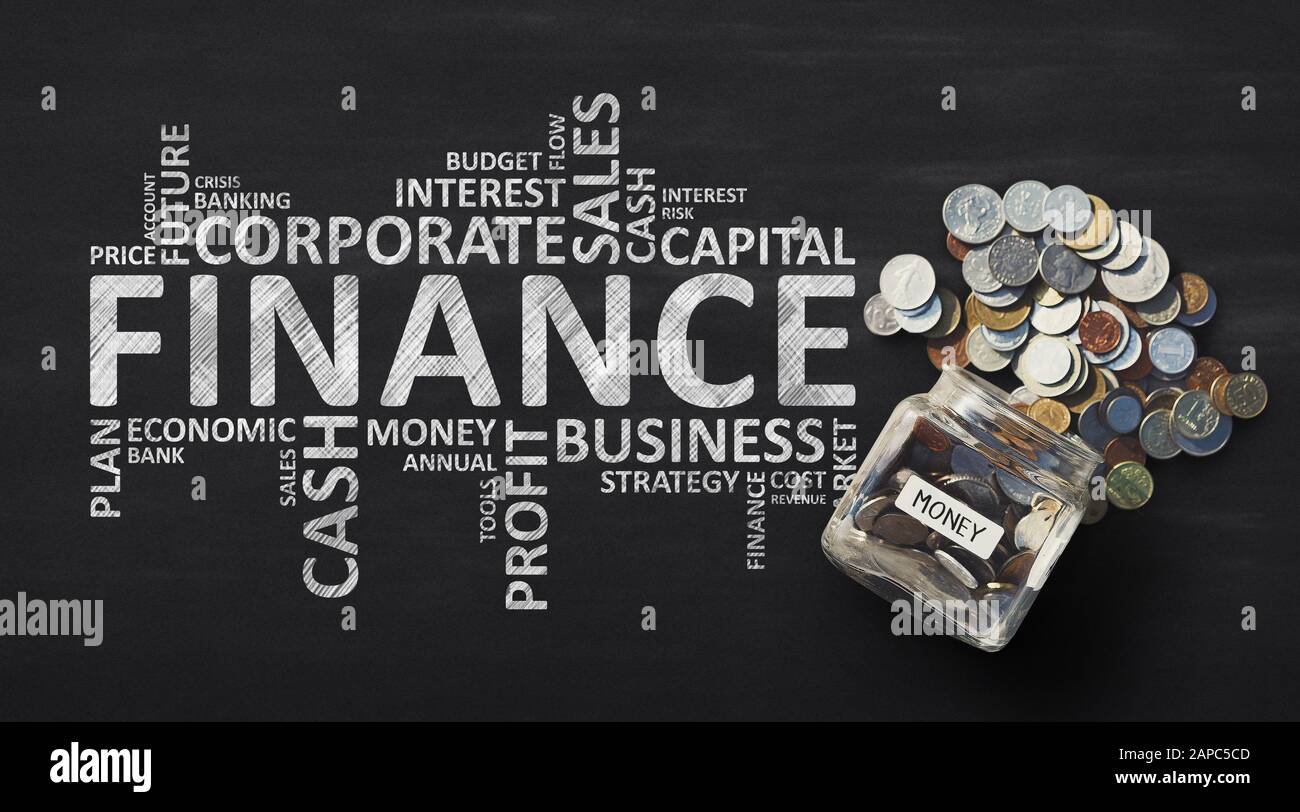 Finance Wordcloud With Money Savings In Jar, Black Background, Panorama Stock Photo