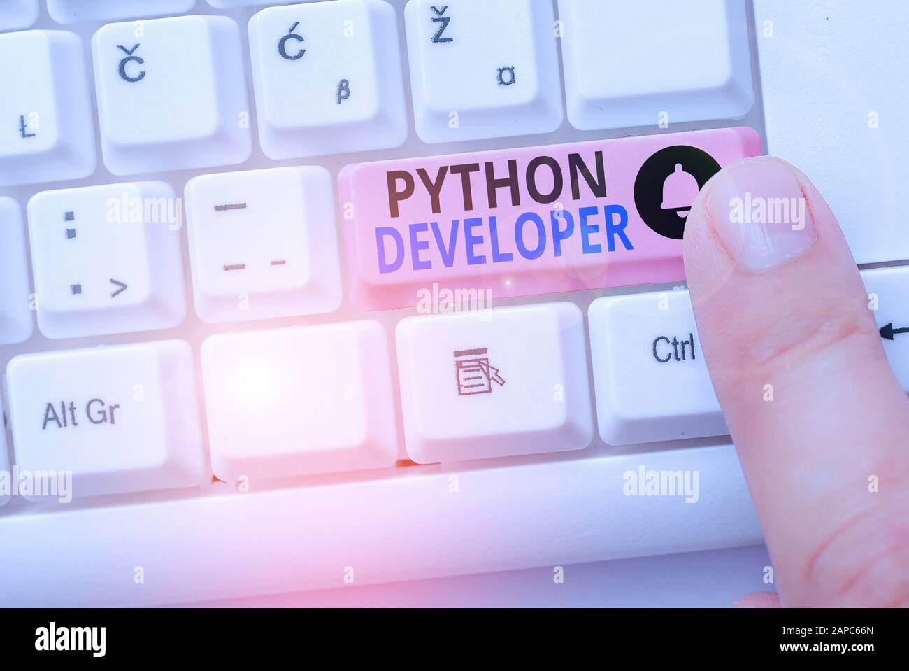 Handwriting text Python Developer. Conceptual photo responsible for writing serverside web application logic Stock Photo