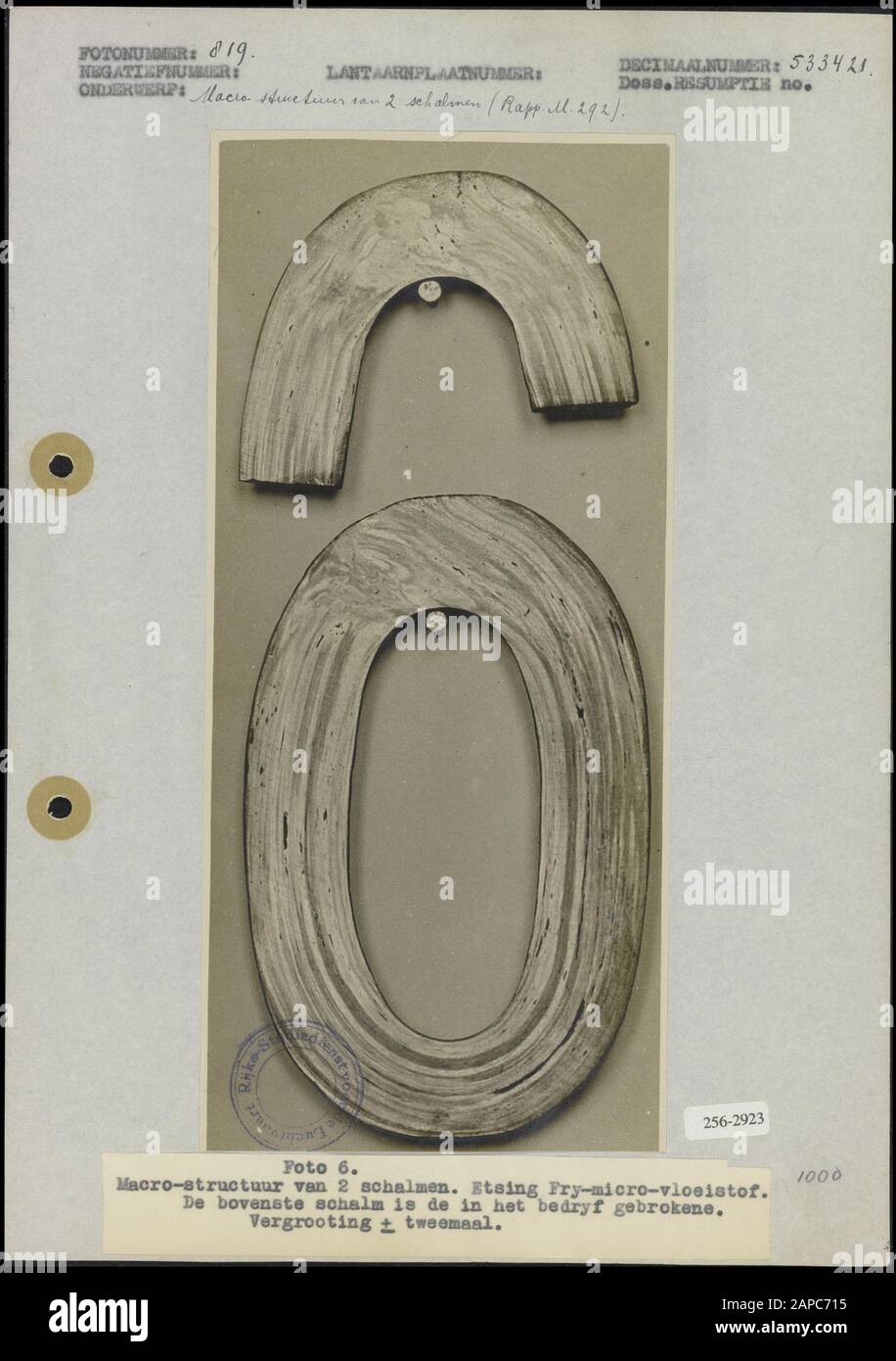 Macrostructure of two shalms Description: 6. Etching Fry-micro liquid. The upper shale is broken in the company. Magnification about twice Date: undated Keywords: Fractions, Chain Scalms Stock Photo