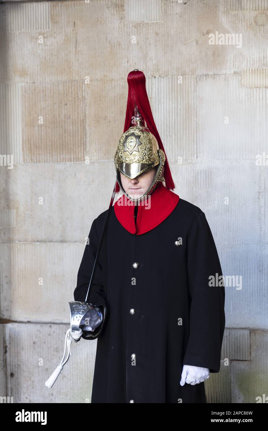 A soldier of the Blues and Royals regiments of the Queen's Lifeguards on guard duty at Horse guards in London Stock Photo