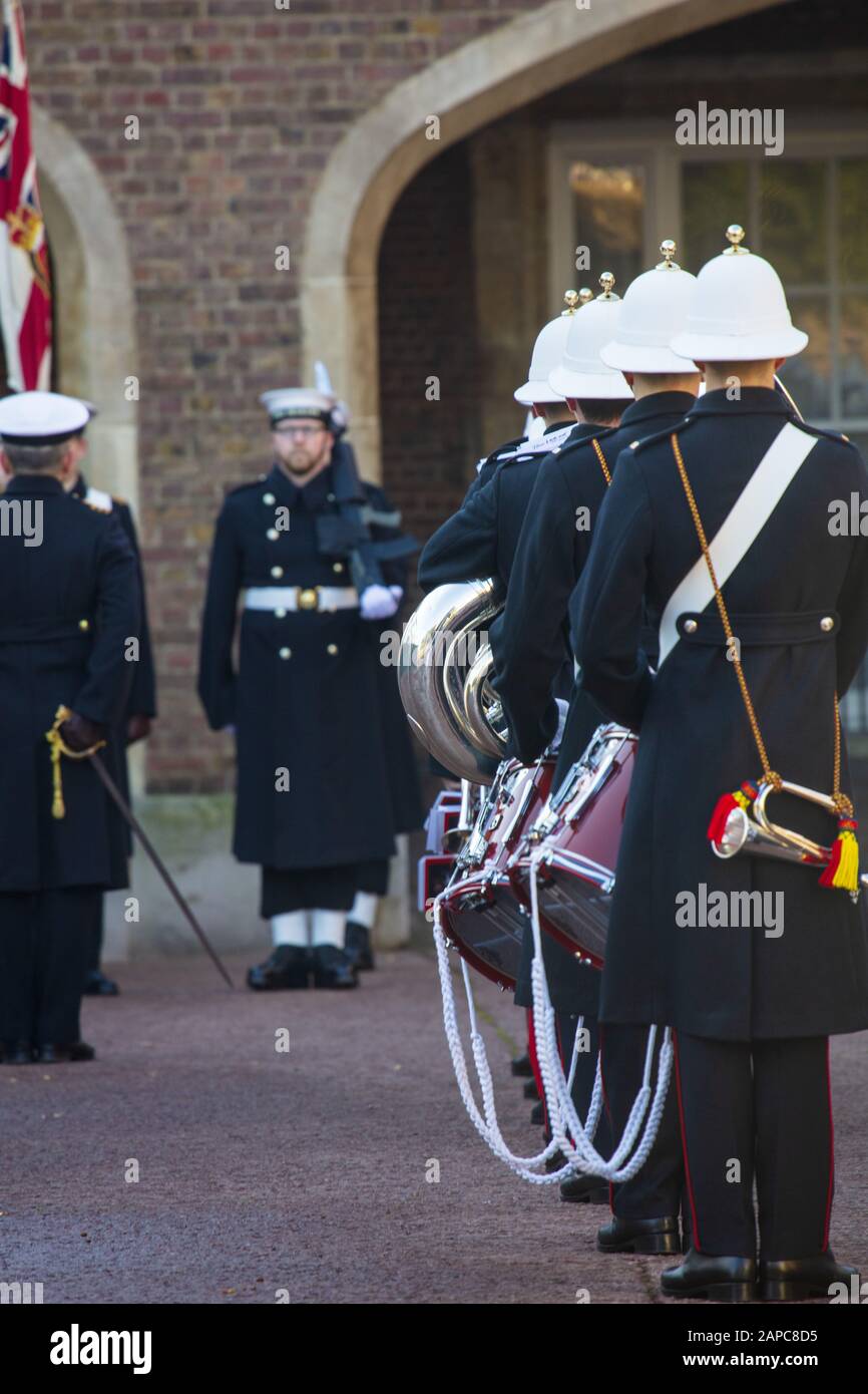 Soldiers on parade at the Changing of the Guard ceremony outside St. James's Palace, London Stock Photo