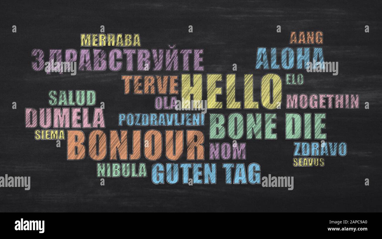 Hello Word In Different Languages On Black Chalkboard, Panorama Stock Photo