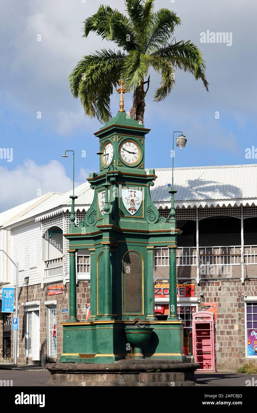 The Berkeley Memorial clock in the centre of the  Circus in Basseterre, Capital of St Kitts & Nevis Stock Photo