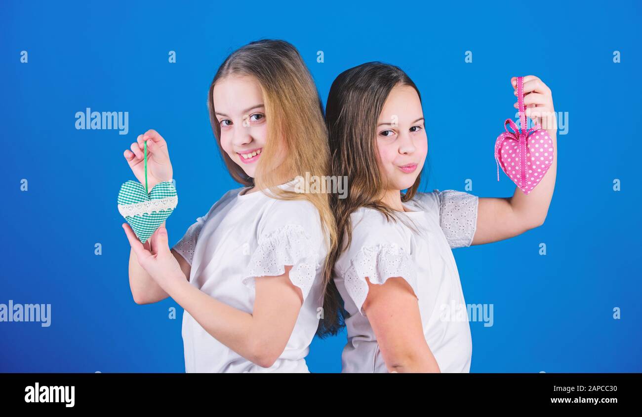 The Perfect Valentines Gifts Small Girls Holding Stuffed Handmade Hearts For Valentines Day Little Children With Heart Shaped Decorations For Valentines Celebration Happy Valentines Day Stock Photo Alamy