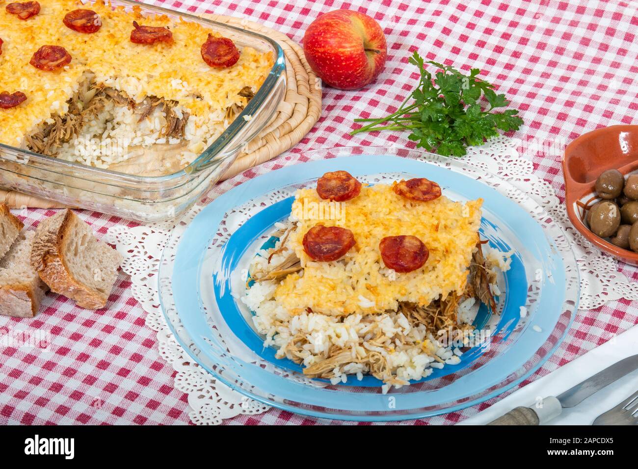 Traditional portuguese food of rice with duck and chorizo Stock Photo