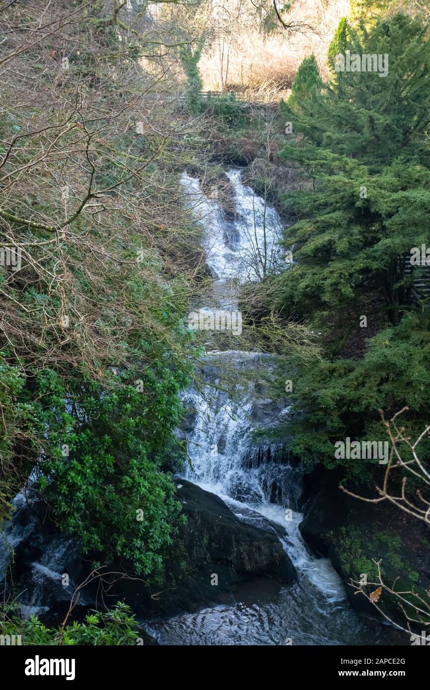 Waterfall at Rouken Glen Park in Thornliebank, East Renfrewshire near Glasgow Stock Photo