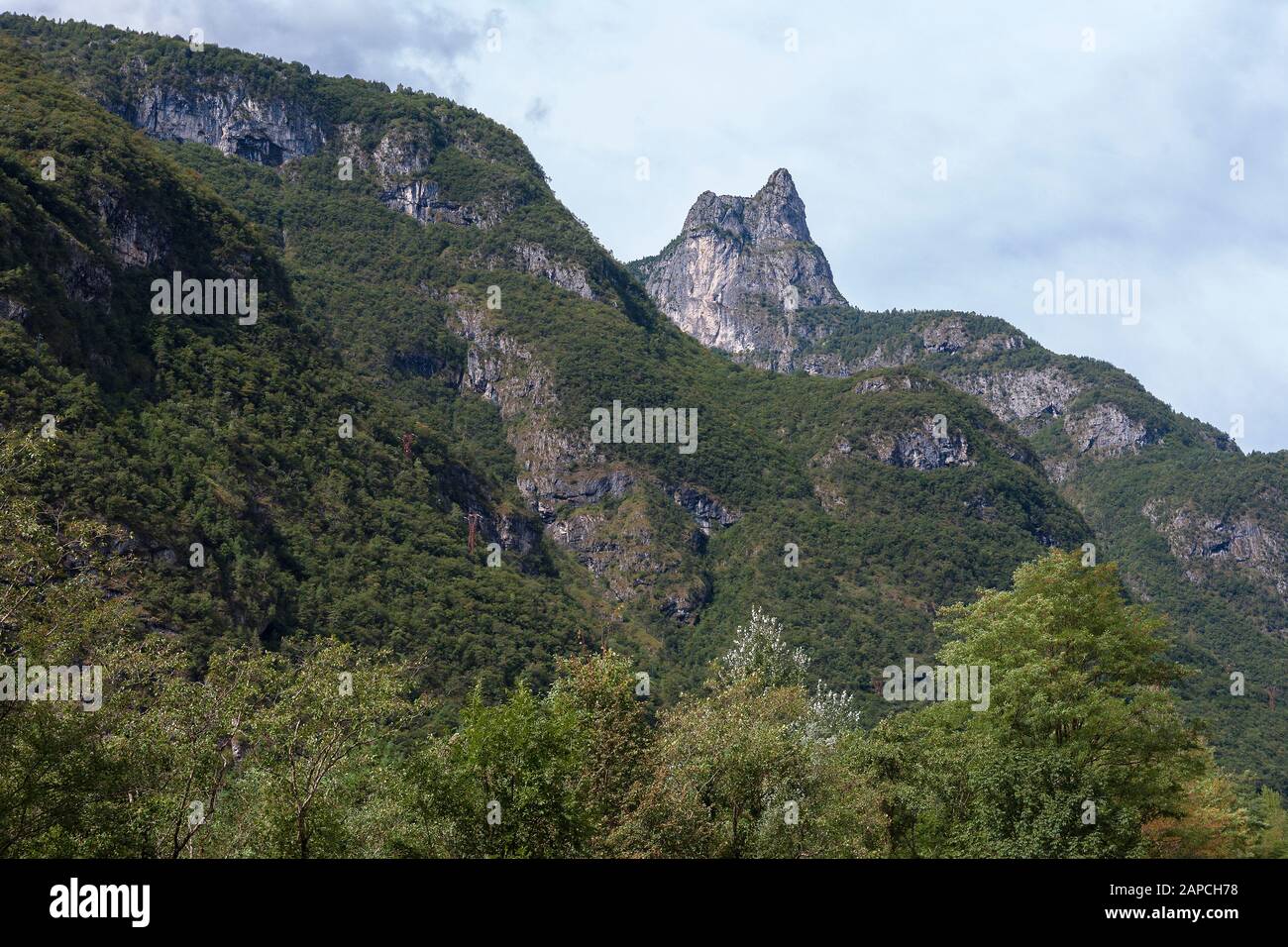 View of La Rocheta in the Monti del Sole mountains of the Belluno Dolomites from the Val Cordevole, Sedico, Province of Belluno, Veneto, Italy Stock Photo