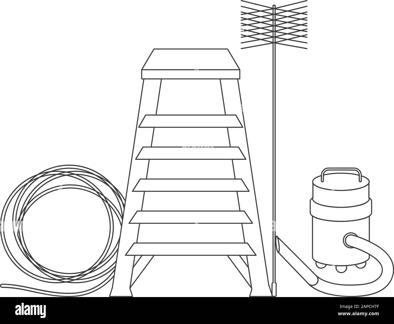Various tools used by chimney sweepers in vector line drawing Stock Vector