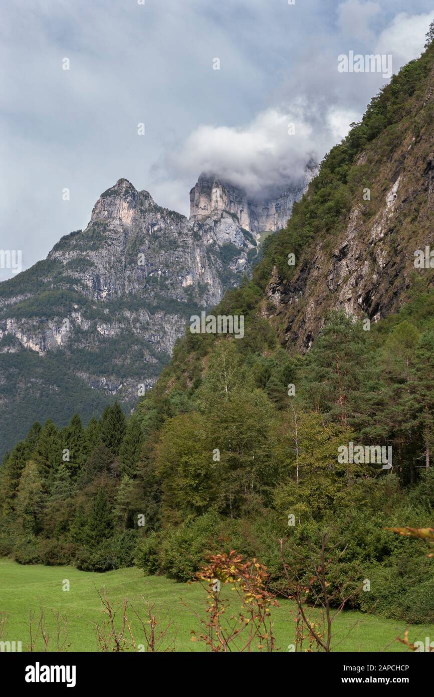 View of the Monti del Sole mountains in the Belluno Dolomites from the Val Cordevole, Sedico, Province of Belluno, Veneto, Italy Stock Photo