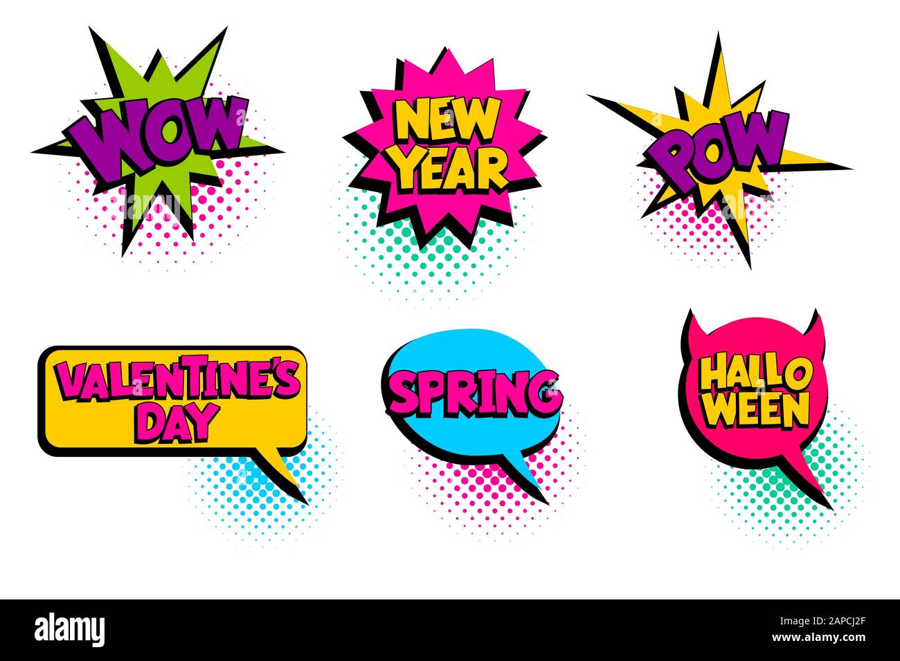 Halloween, pow, new year set speech bubble comic text Stock Vector