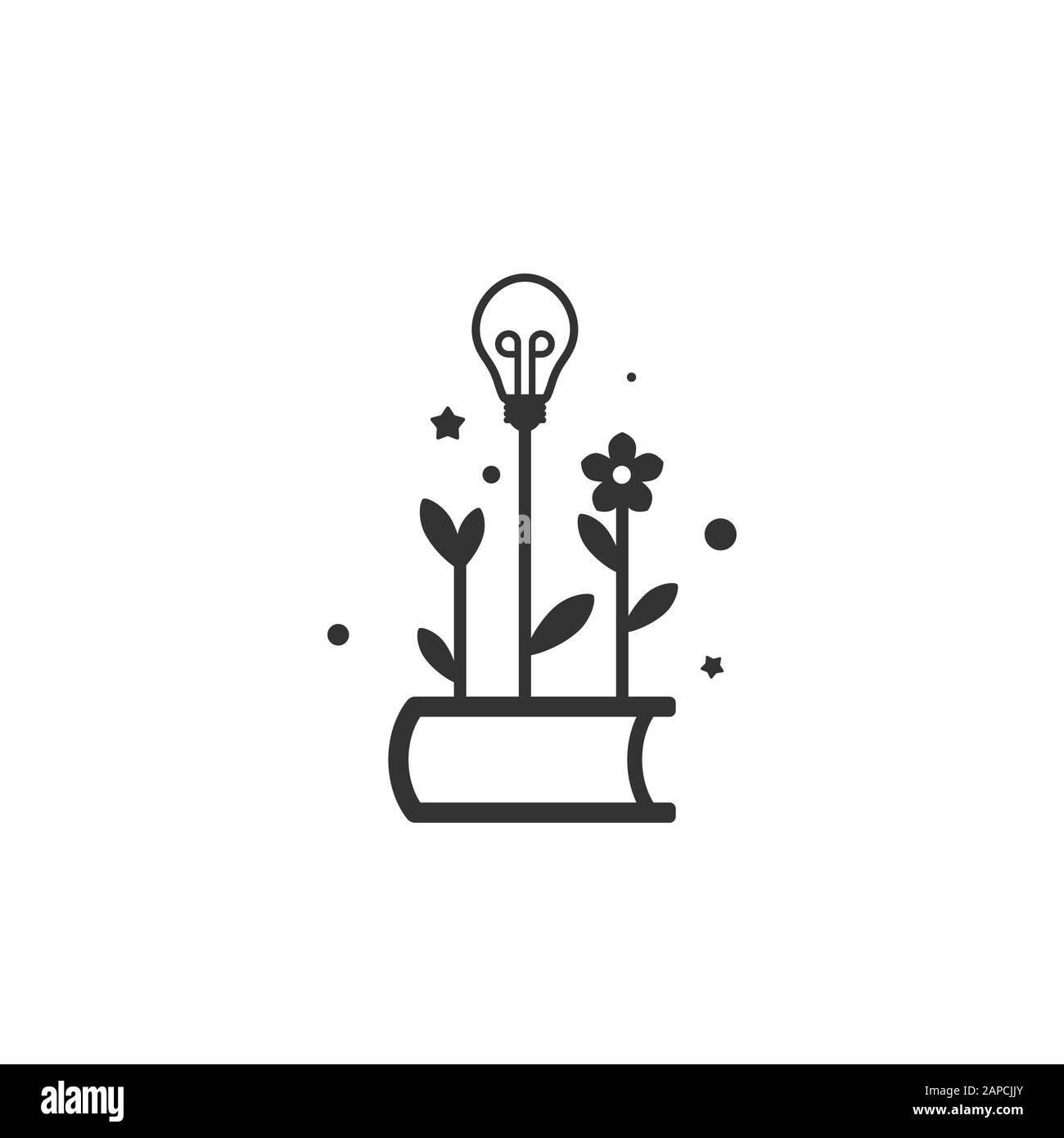 Black line book with sprigs or sprouts, flower and bulb. Flat icon isolated on white background. Vector illustration. Idea, study, school, inspiration Stock Vector