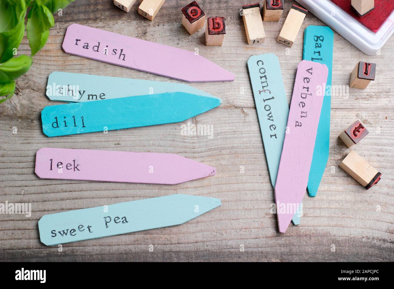 Recycling wooden plant labels using paints and an inexpensive letter stamp Stock Photo