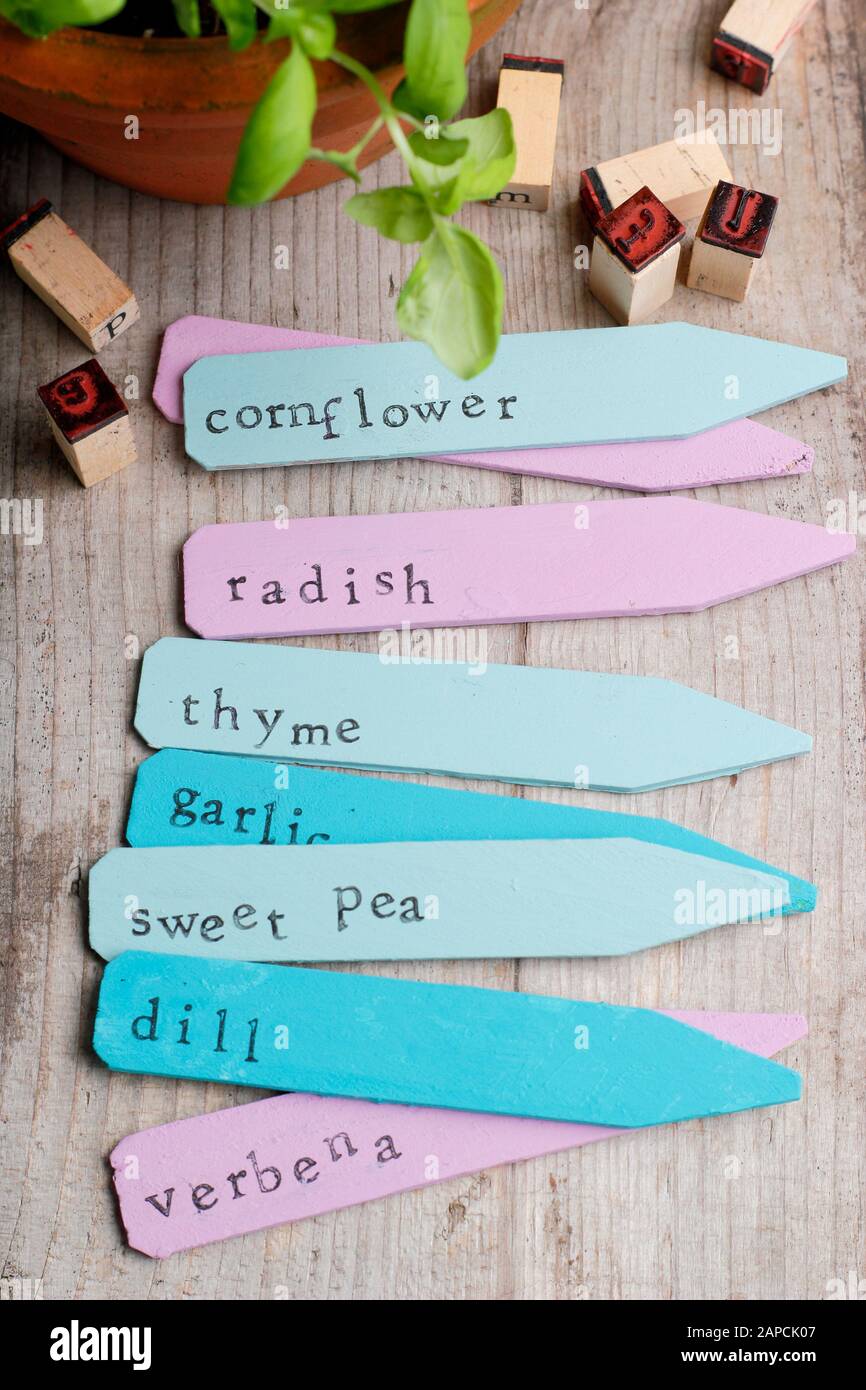 Recycling wooden plant labels using paints and an inexpensive letter stamp Stock Photo