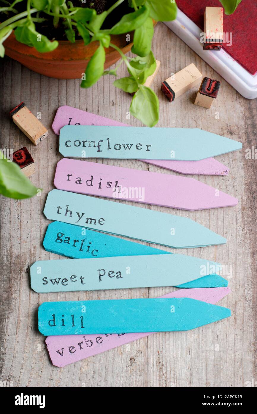 Recycling wooden plant labels using paints and an inexpensive letter stamp Stock Photo