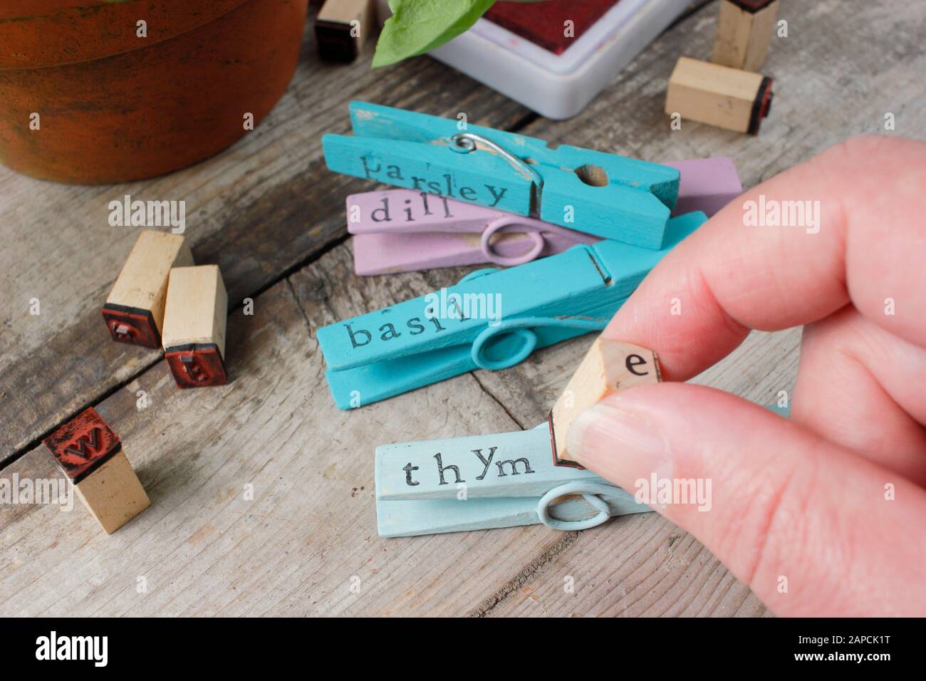Making plant labels. Re-purposing wooden clothes pegs to make colourful plant labels with an inexpensive stamper Stock Photo
