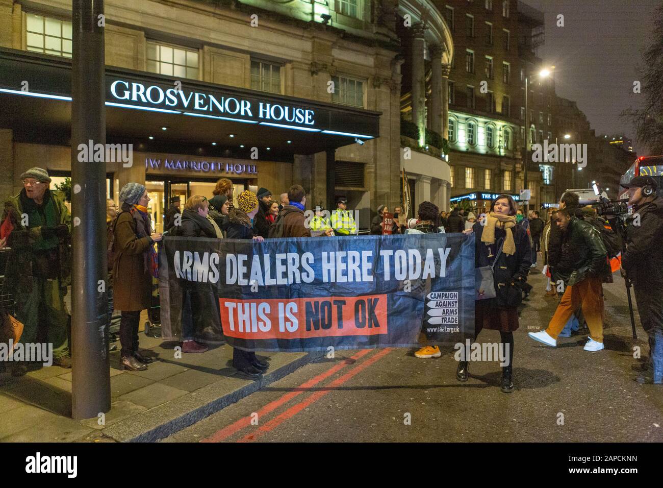 Park Lane, London, UK. 22nd Jan, 2020. Protesters from Campaign Against Arms Trade and Stop the Arms Fair demonstrate outside the Grosvenor House Hotel UK whilst arms dealers, MPS, and military personnel hold a black tie dinner. Penelope Barritt/Alamy Live News Stock Photo