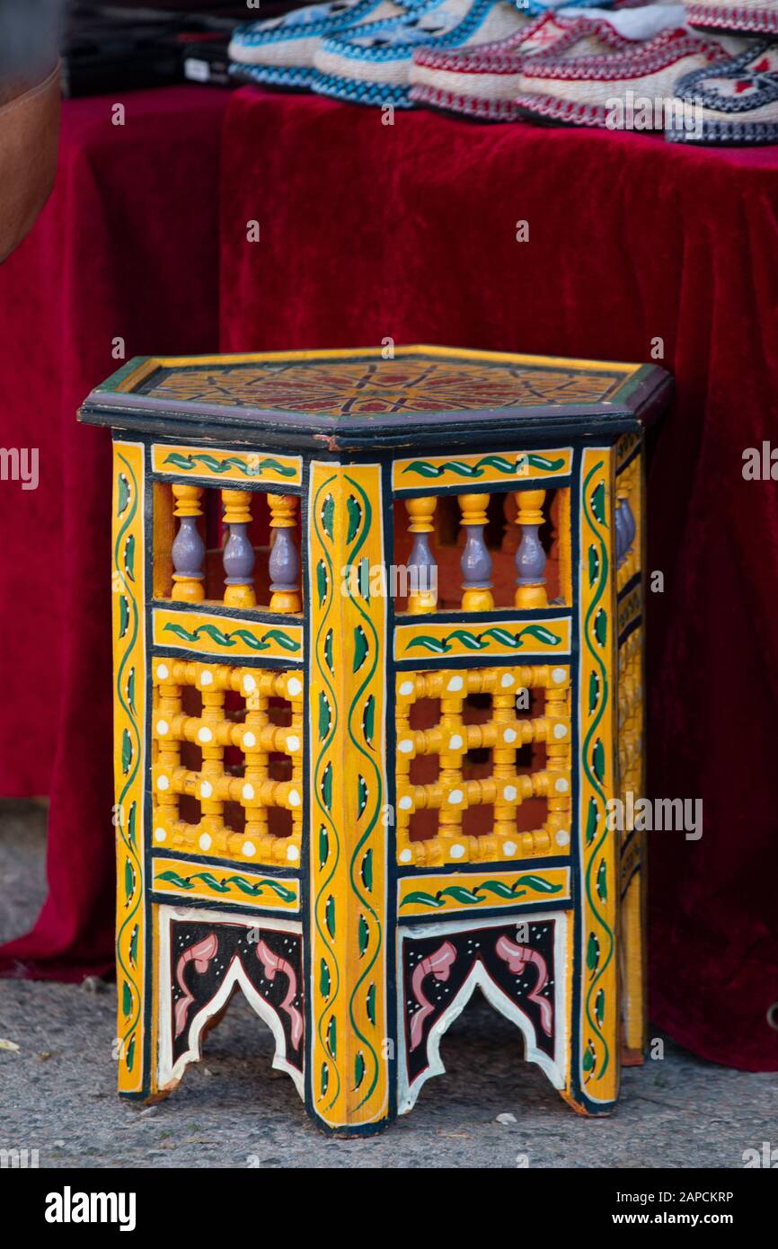 Highly detailed Moroccan wooden tea table in a shop Stock Photo - Alamy