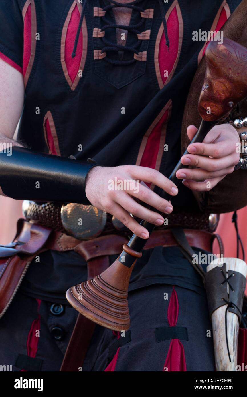Cool detailed medieval type bagpipe musical instrument Stock Photo Alamy