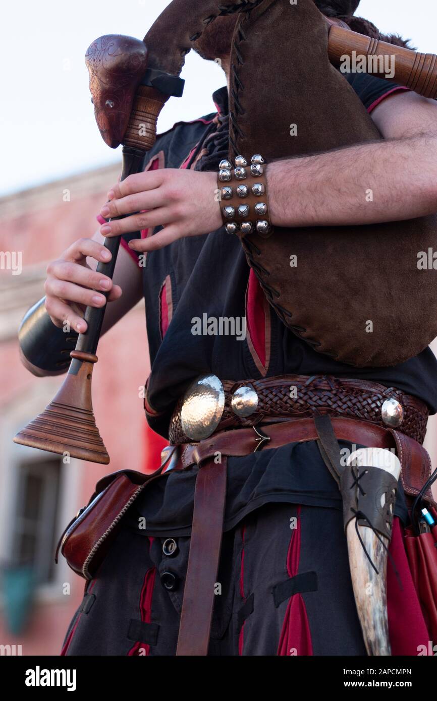 Cool detailed medieval type bagpipe musical instrument Stock Photo Alamy