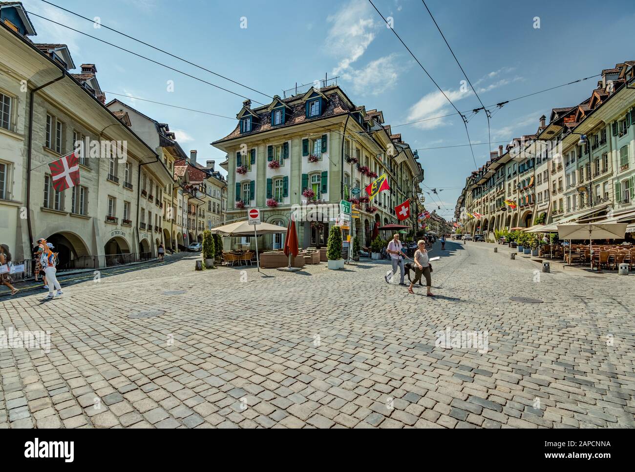 Bern, Switzerland - July 26, 2019: Panoramic view of the squares, streets and buildings of historical part of Swiss capital. Stock Photo