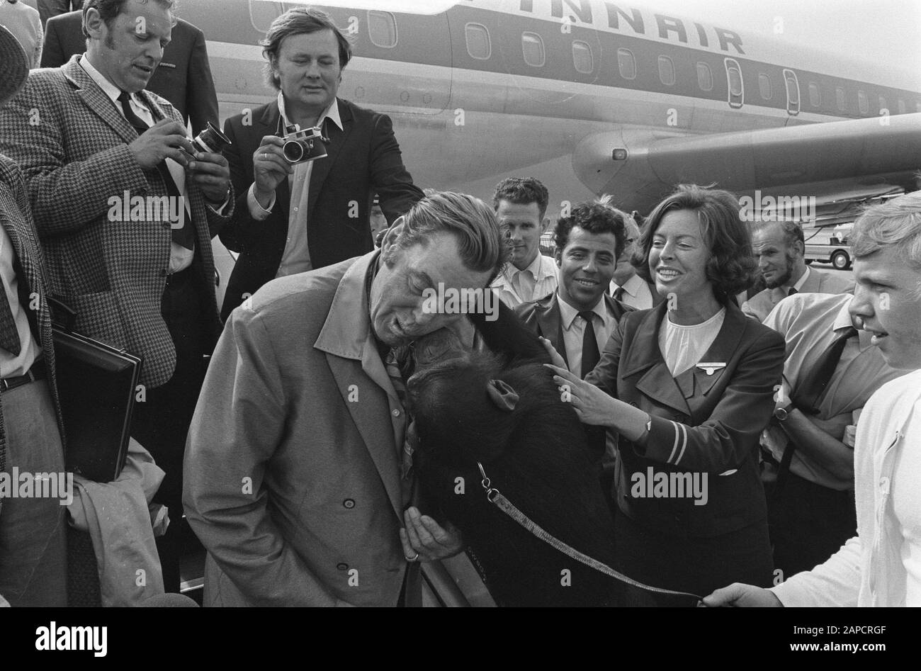 Actors Raymond Burr and ex-Tarzan Johnny Weismuller (USA) arrive at Schiphol; Weismuller with monkey Date: June 24, 1970 Keywords: ACTORS, actors Personal name: Burr, Raymond, Johnny Weismuller Stock Photo