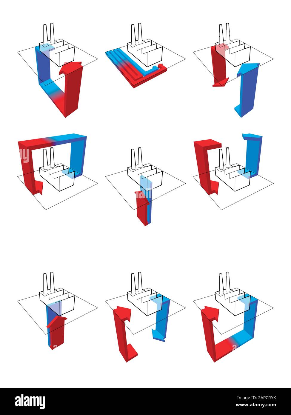 collection of nine heat pump diagrams  on example of factory showing possibilities of usage of heat pump Stock Vector