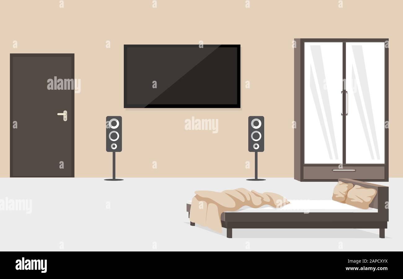Contemporary bedroom furnishing flat vector illustration. Modern apartment room with no people, luxurious hotel number interior decor. Unmade bed and big television set hanging on wall Stock Vector