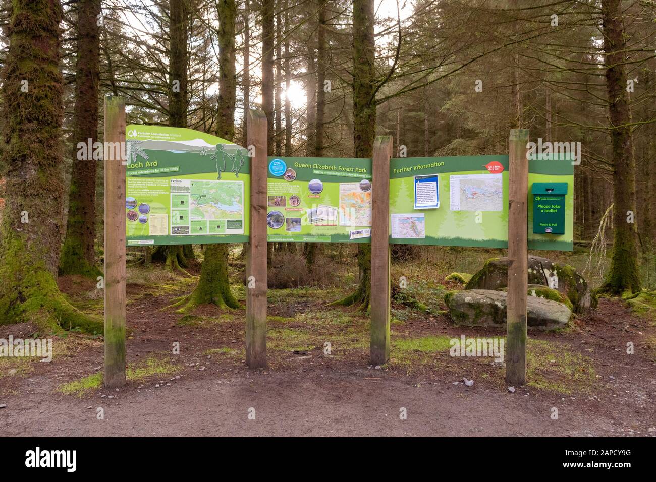 Queen Elizabeth forest park information board at Loch Ard, near Aberfoyle, Scotland, UK Stock Photo