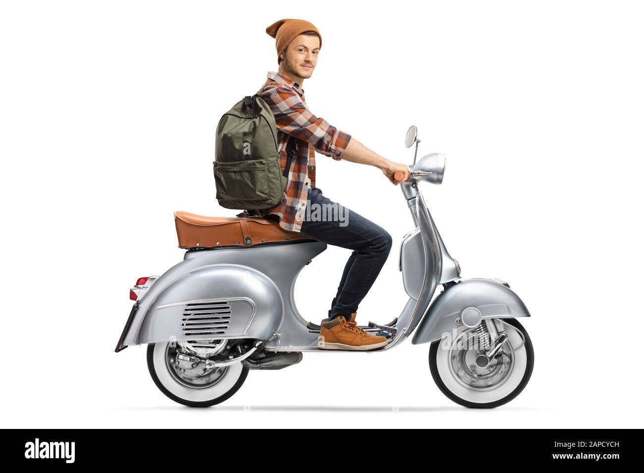 Happy smiling and screaming male tourist in helmet and sunglasses riding motorbike  scooter during his tropical vacation under palm trees Stock Photo - Alamy