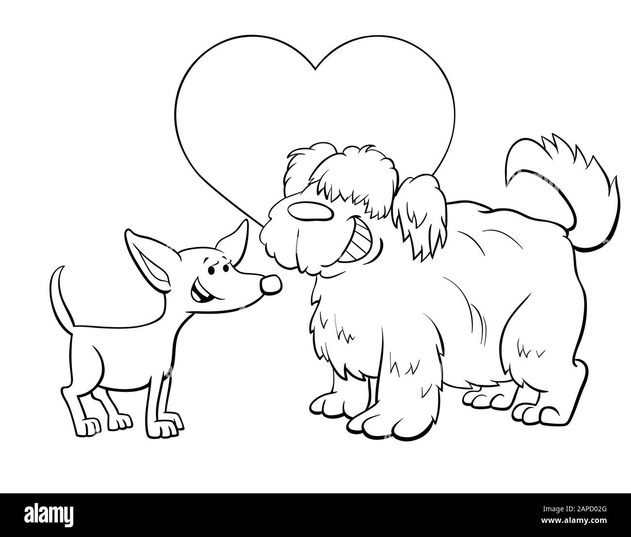 Black and White Valentines Day Greeting Card Cartoon Illustration with Funny Dog Characters in Love Coloring Book Page Stock Vector