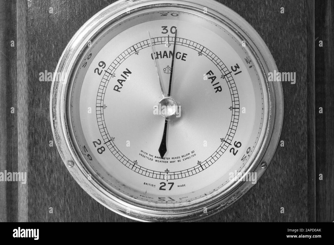 Close up of an antique barometer indicating high pressure Stock Photo