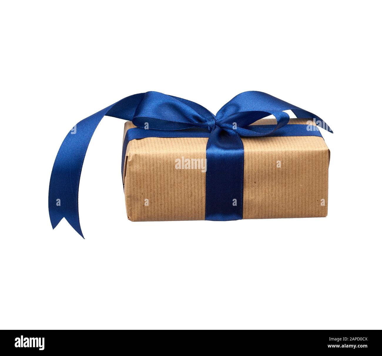 rectangular box wrapped in brown kraft paper and tied with a silk blue ...