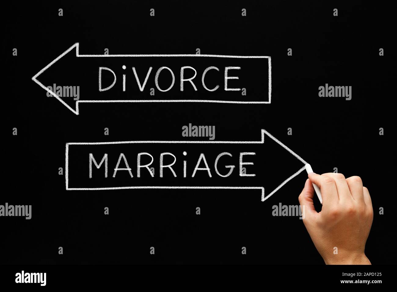Hand writing the words Marriage or Divorce on two arrows with white chalk on blackboard. Stock Photo