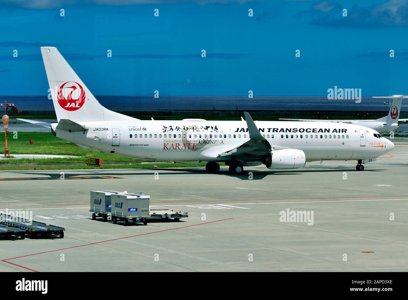 Japan Transocean Air, JTA, Boeing, B-737/800, JA03RK, Karate Livery, Taxi to TO, Naha Airport, Naha, Okinawa, Ryukyu Islands, Japan Stock Photo