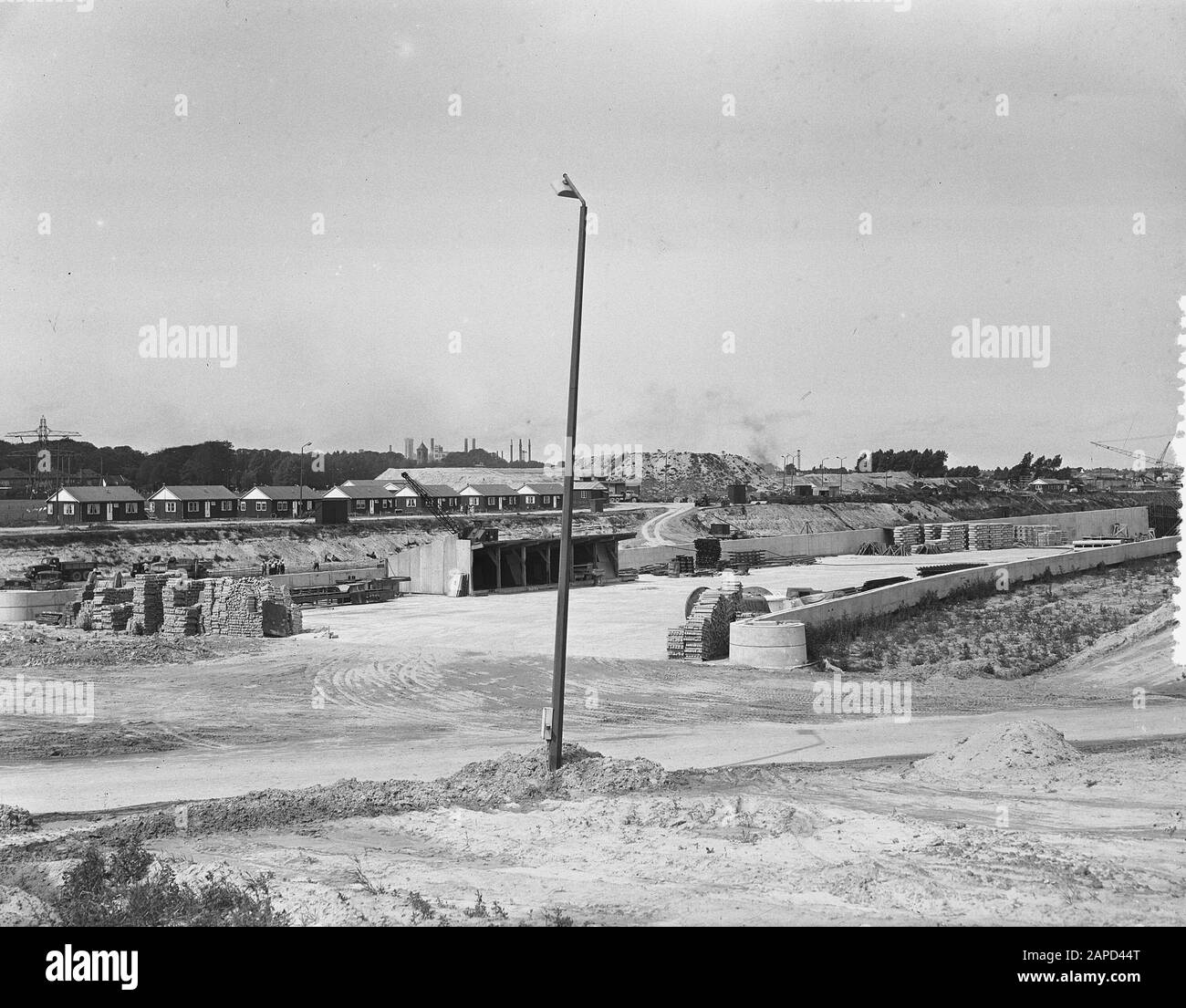 Construction Velser tunnel, tunnel exit with connection to railway Date: August 4, 1955 Keywords: RAILWAYS, TUNNERLINS Name: Velsertunnel Stock Photo