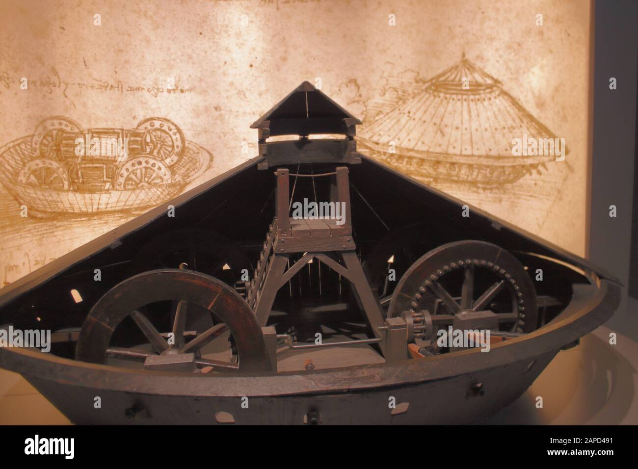 Covered battle tank from a painting of Leonardo Da Vinci, Athlantic code (Codex Atlanticus) Stock Photo