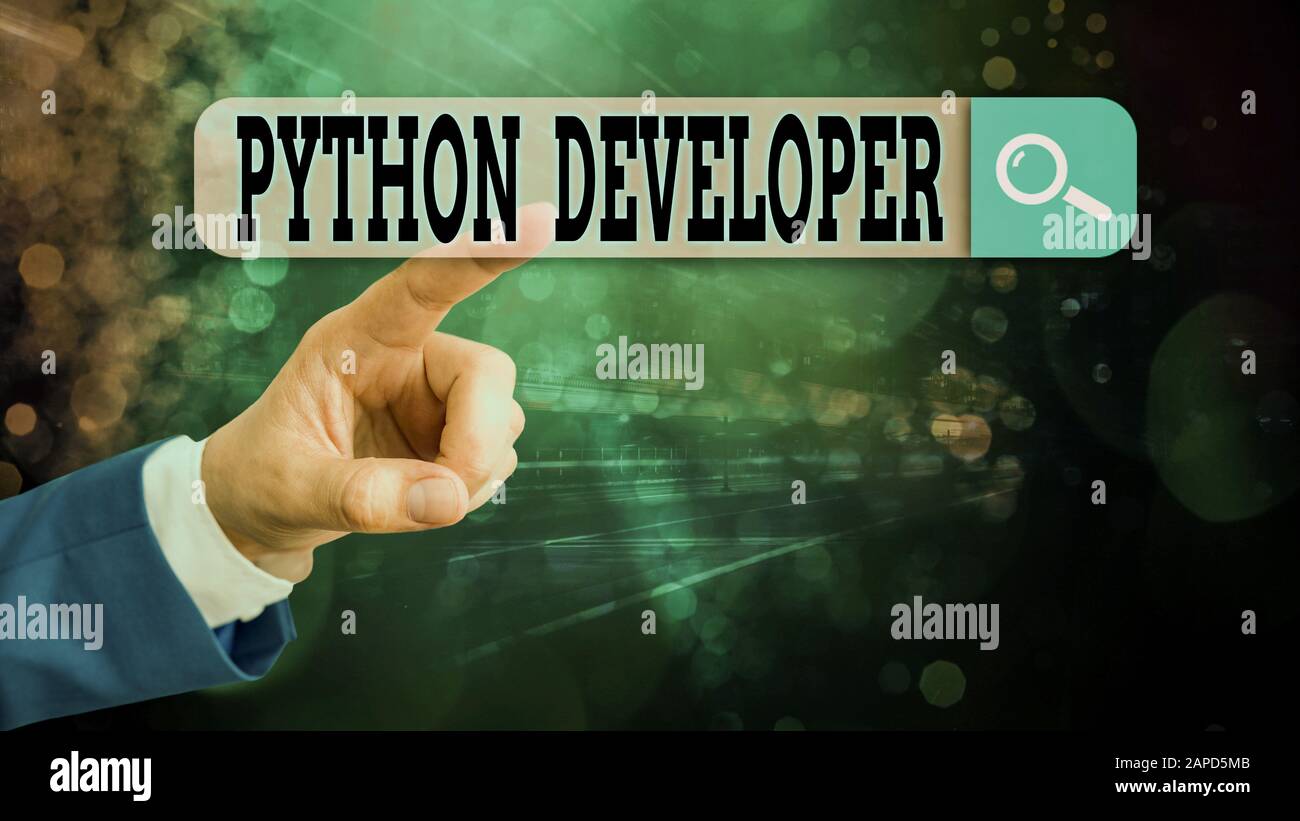 Text sign showing Python Developer. Business photo showcasing responsible for writing serverside web application logic Stock Photo