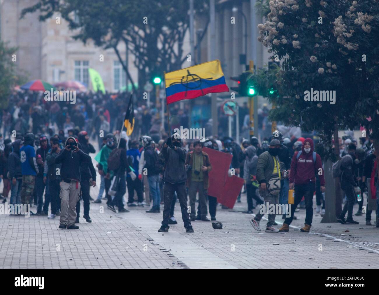 Some hooded in the march in the national strike, January 21 Stock Photo