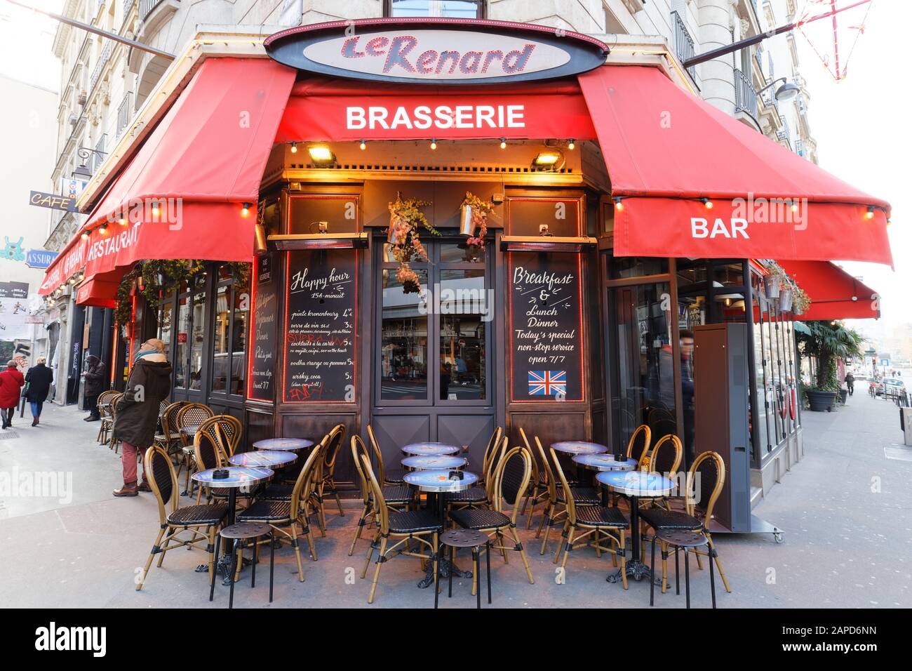 The traditional French brasserie Le Renard . It located in historic Marais district of Paris, France. Stock Photo