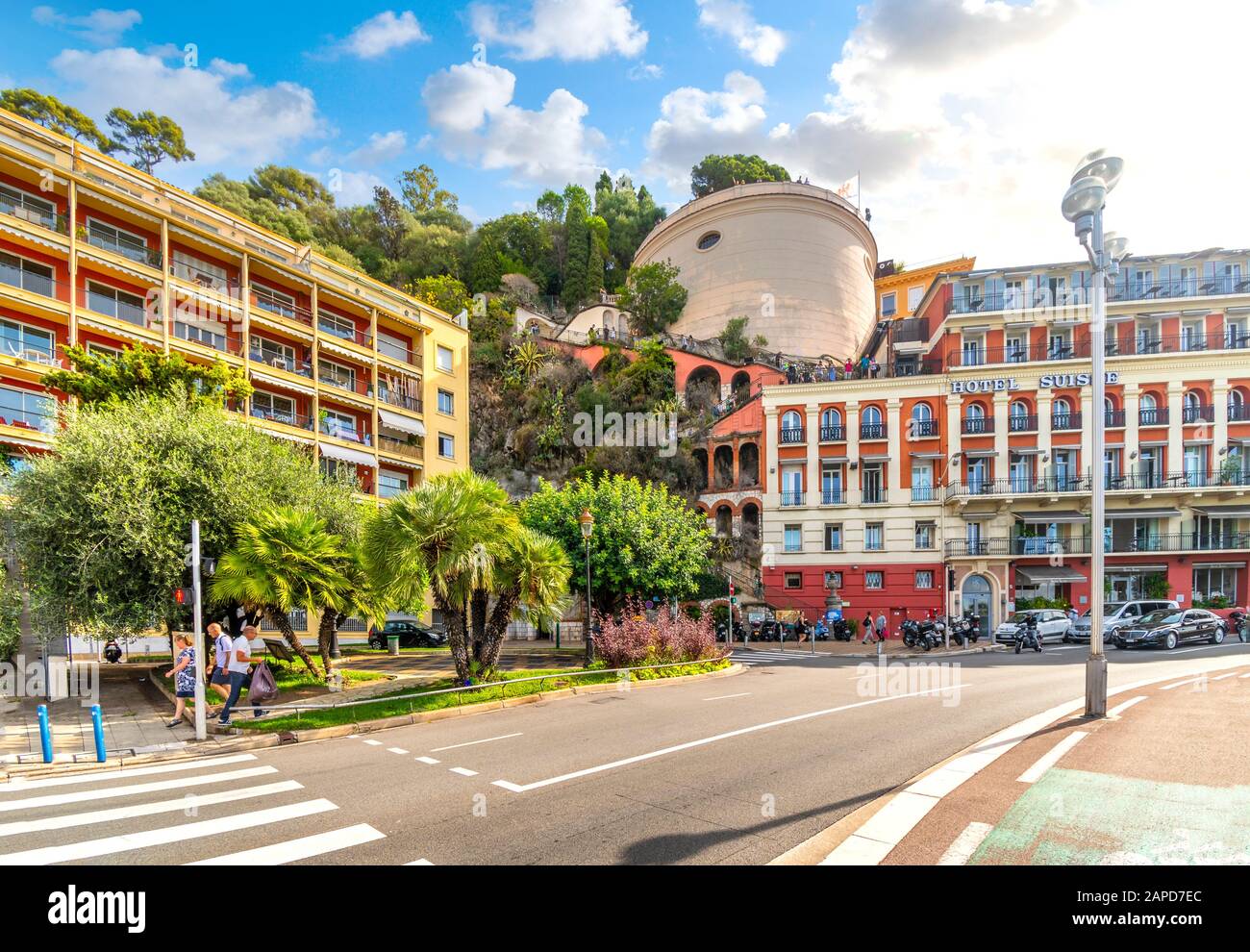 View of Castle Hill and it's lookout terrace from the Promenade des Anglais on the French Riviera in Nice, France. Stock Photo