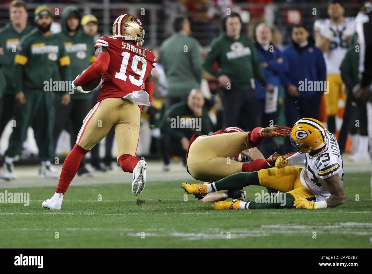 San Francisco 49ers wide receiver Deebo Samuel (19) celebrates after the  first down during the second quarter against the Los Angeles Rams in San  Fran Stock Photo - Alamy