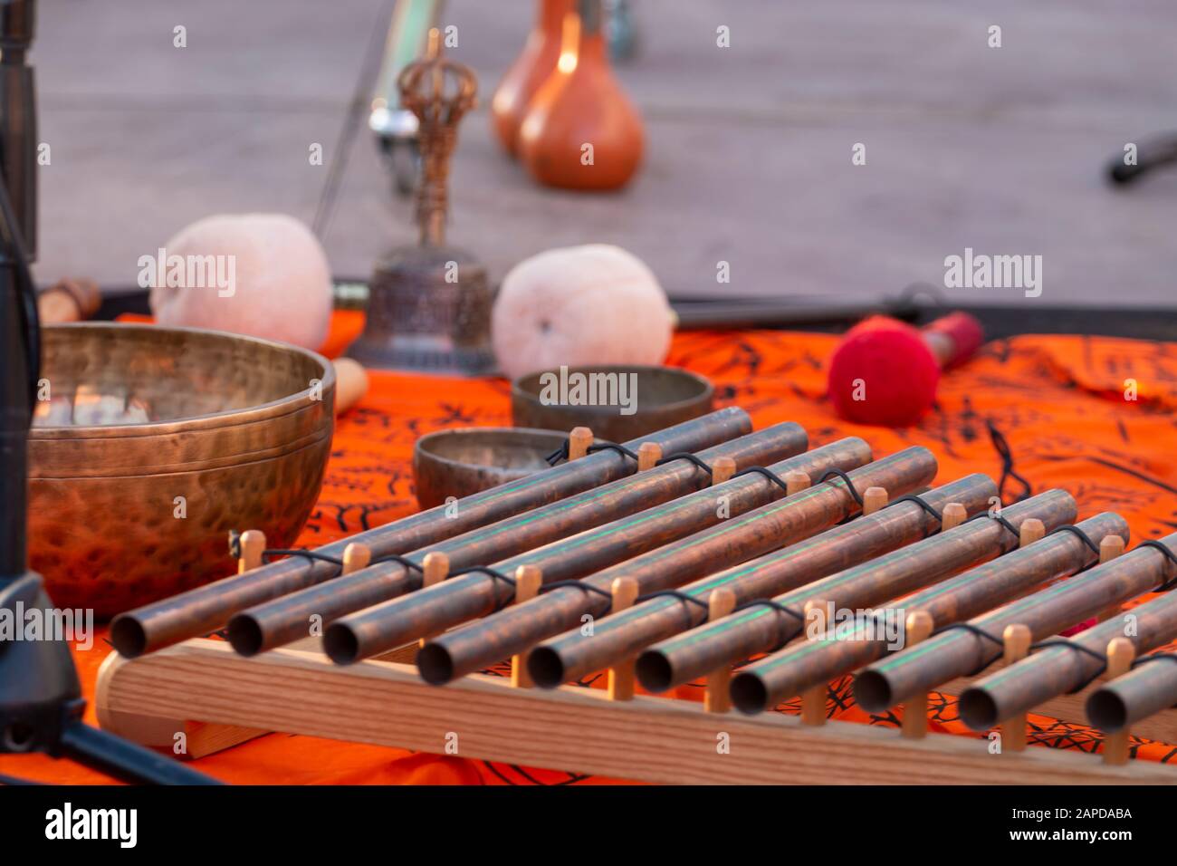 Close up of musical instrument, metal pipe xylophone Stock Photo Alamy