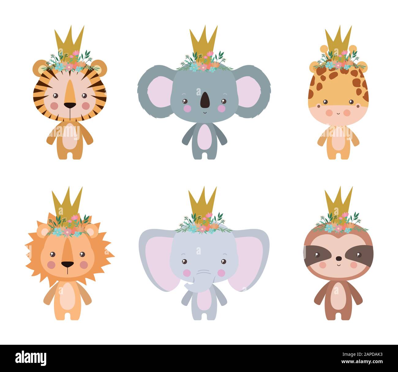 Cute tiger koala giraffe lion elephant and sloth cartoon vector design ...
