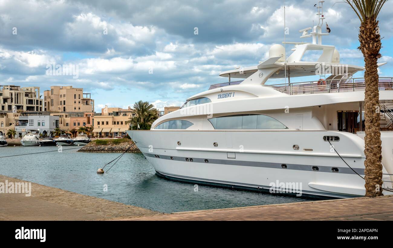 luxury motor yacht at the quayside in El Gouna, Egypt, January 11, 2020 Stock Photo