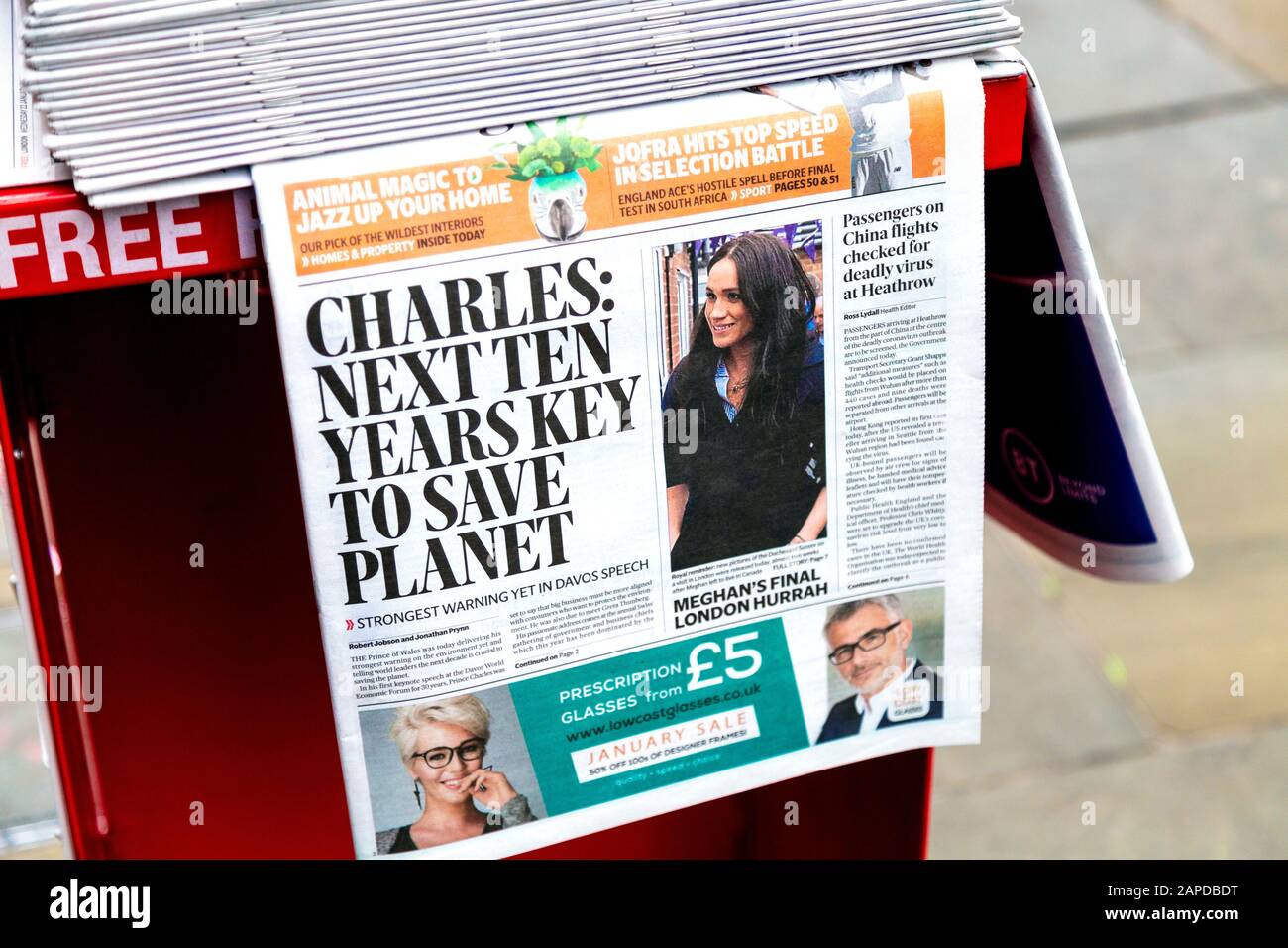 22nd January 2020, London, UK - Front page of the Evening Standard with headline 'Charles: Next Ten Years Key to Save Planet' Stock Photo