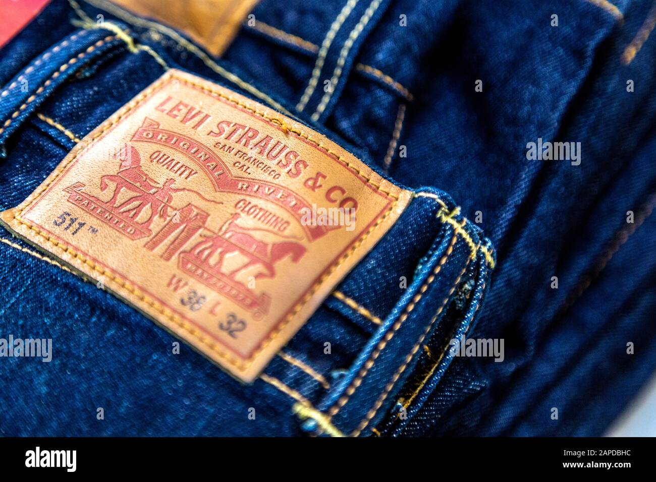 Close-up of the label at the back of Levi's jeans Stock Photo