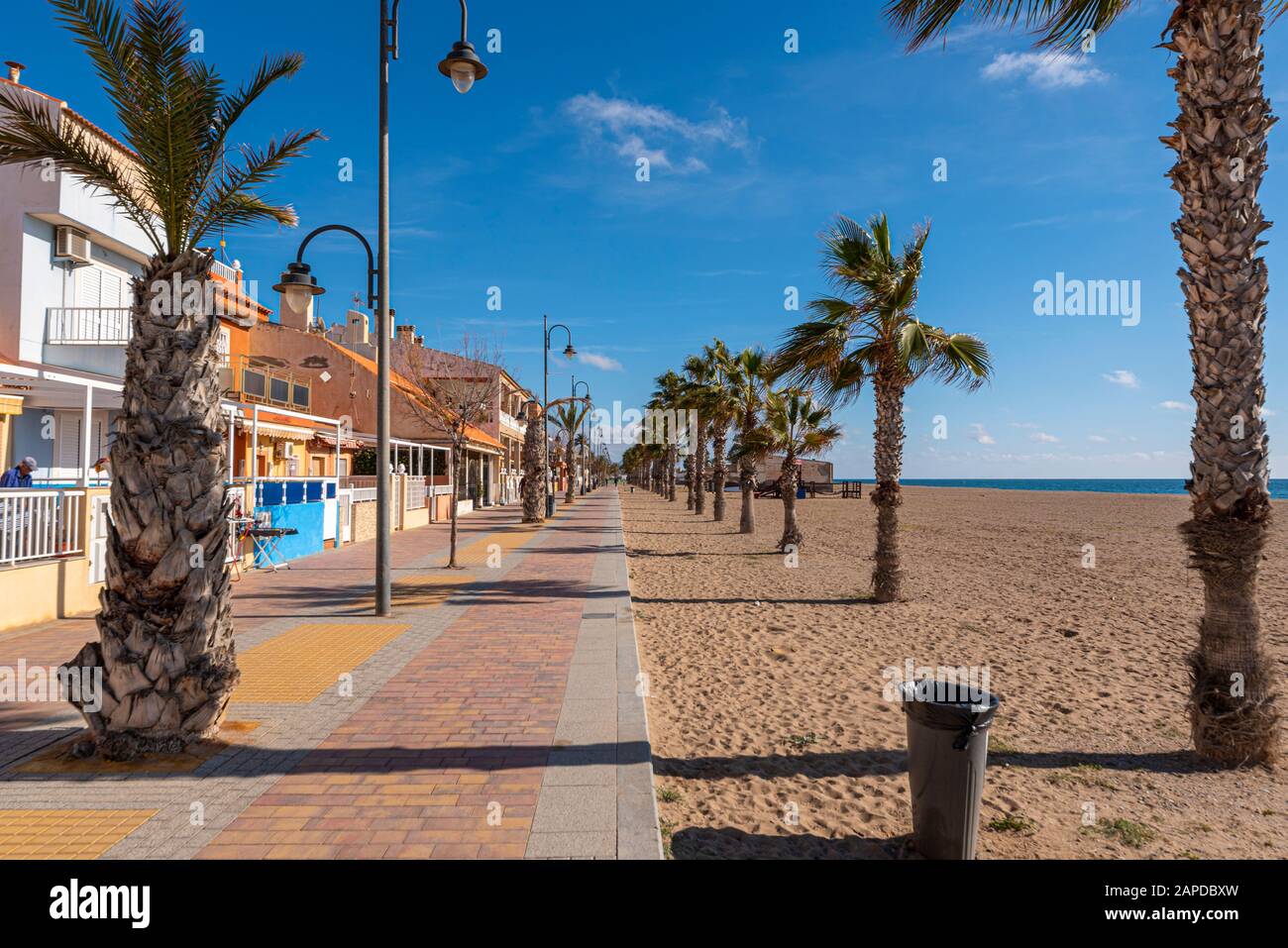 Bolnuevo beach, Region de Murcia, Costa Calida, Spain on the Mediterranean Sea. Avenue of palm trees on promenade with seafront properties Stock Photo