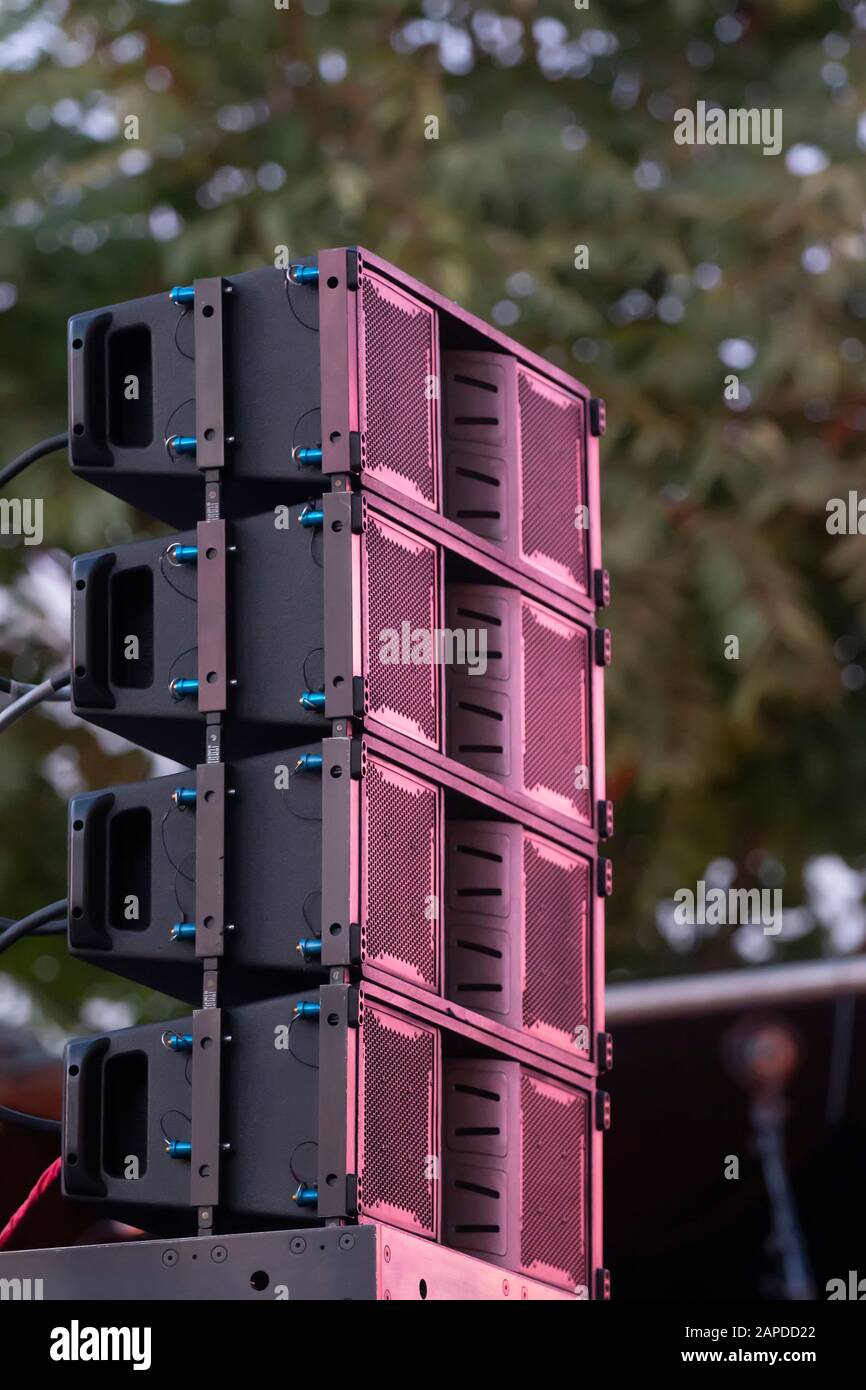Close view of a stack stage sound speakers on a concert Stock Photo Alamy